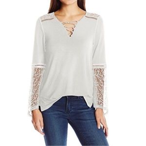 NWT Democracy White Lace Bell Sleeve Knit Top, Size Small